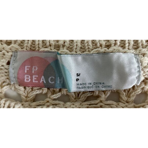 Free People Beach Crop Top Crochet Knit Open Back & Adjustable Tie Beige Long Sl - Picture 10 of 10